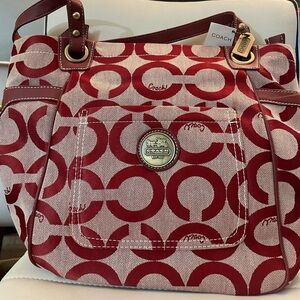 Coach Signature Canvas Tote Shoulder Bag – Burgundy/Red – Leather Trim - NWT